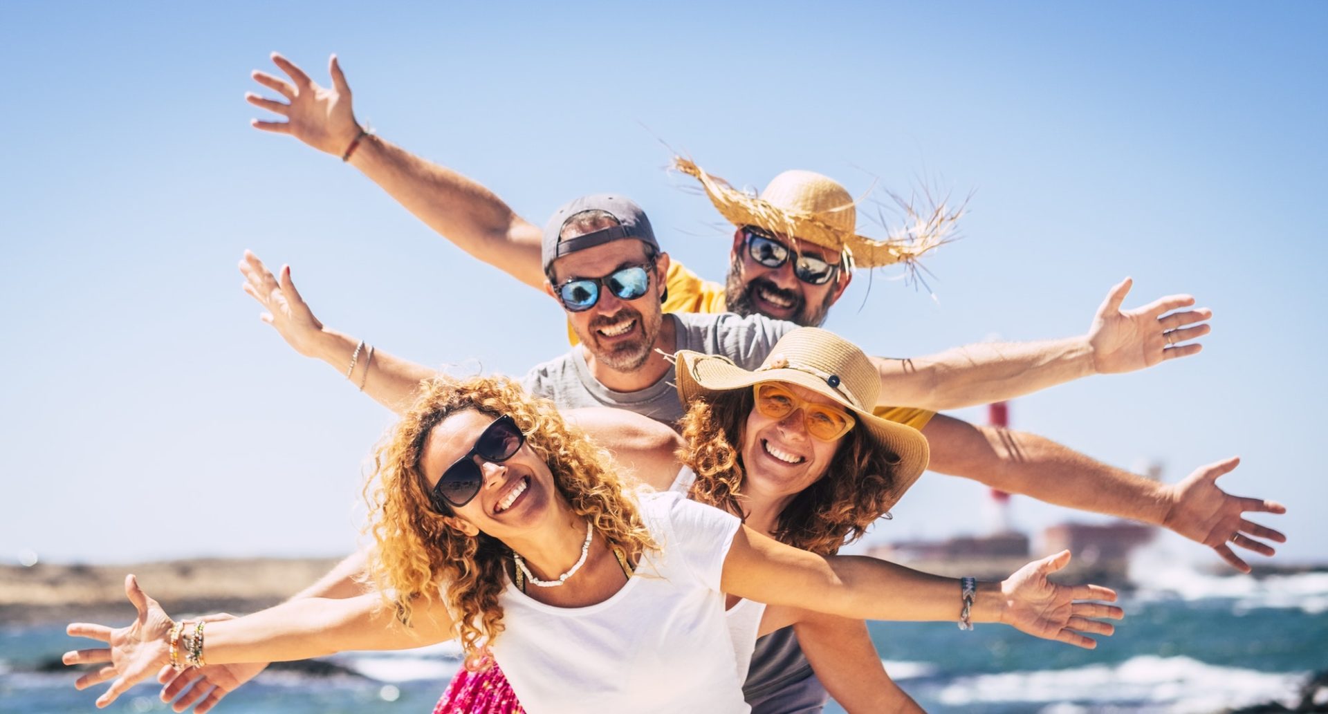 Group of happy people enjoy travel and summer holiday